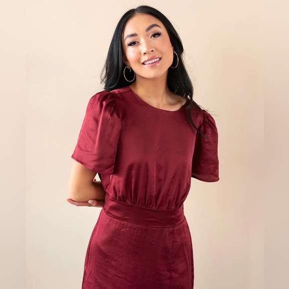 NWT Eve Satin Sheath Dress in Burgundy - Picture 6 of 8